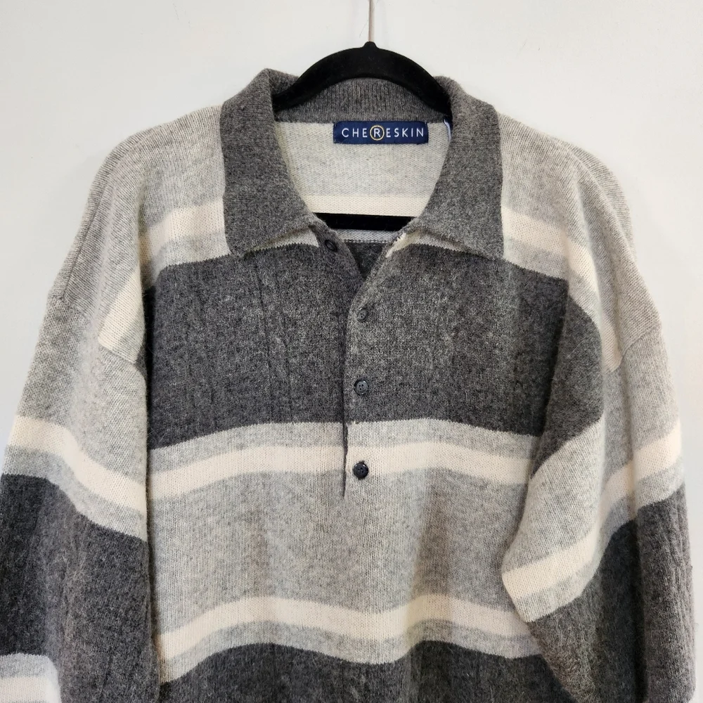 Vintage Ron Chereskin Lamswool Angora Rabbit Hair Men's Gray Striped  Sweater